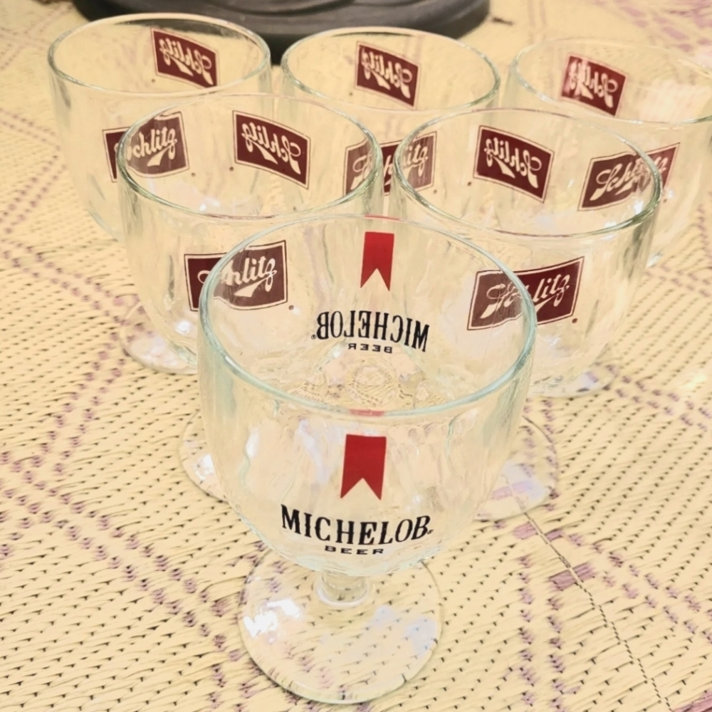 Set 1970s Schlitz Michelob Beer Glass Goblets 6 Thumbprint Mug Stemmed Glasses